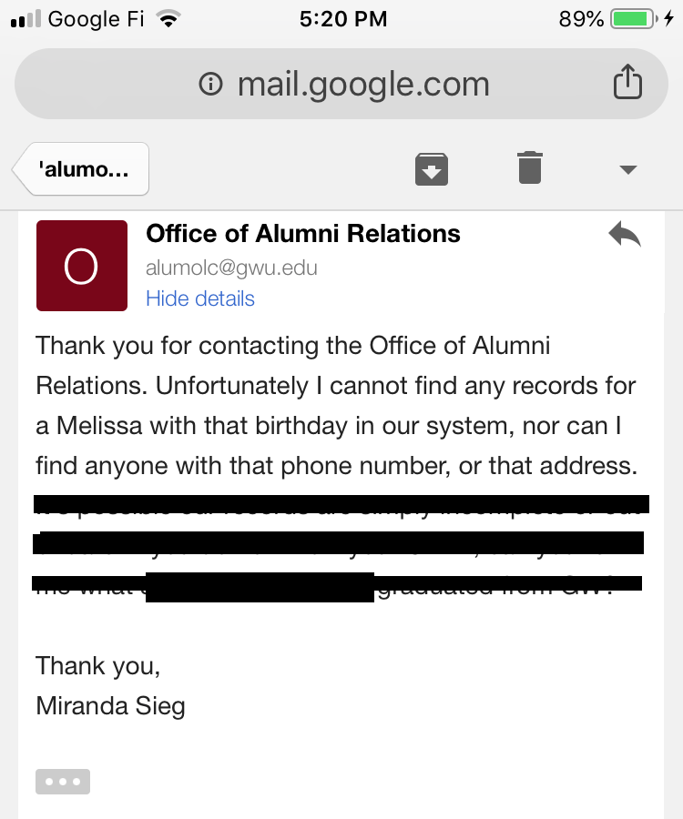 George Washington University has no record of Melissa Williams-Brown