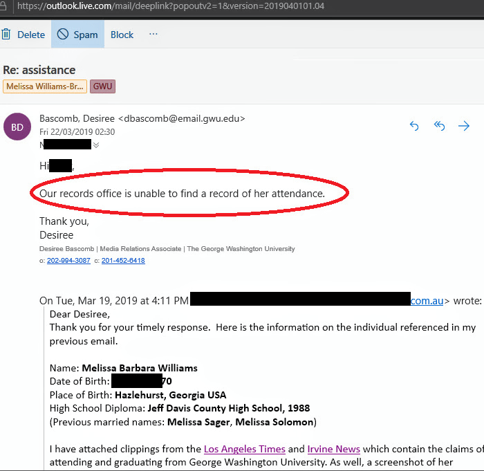 George Washington University has no record of Melissa Williams-Brown