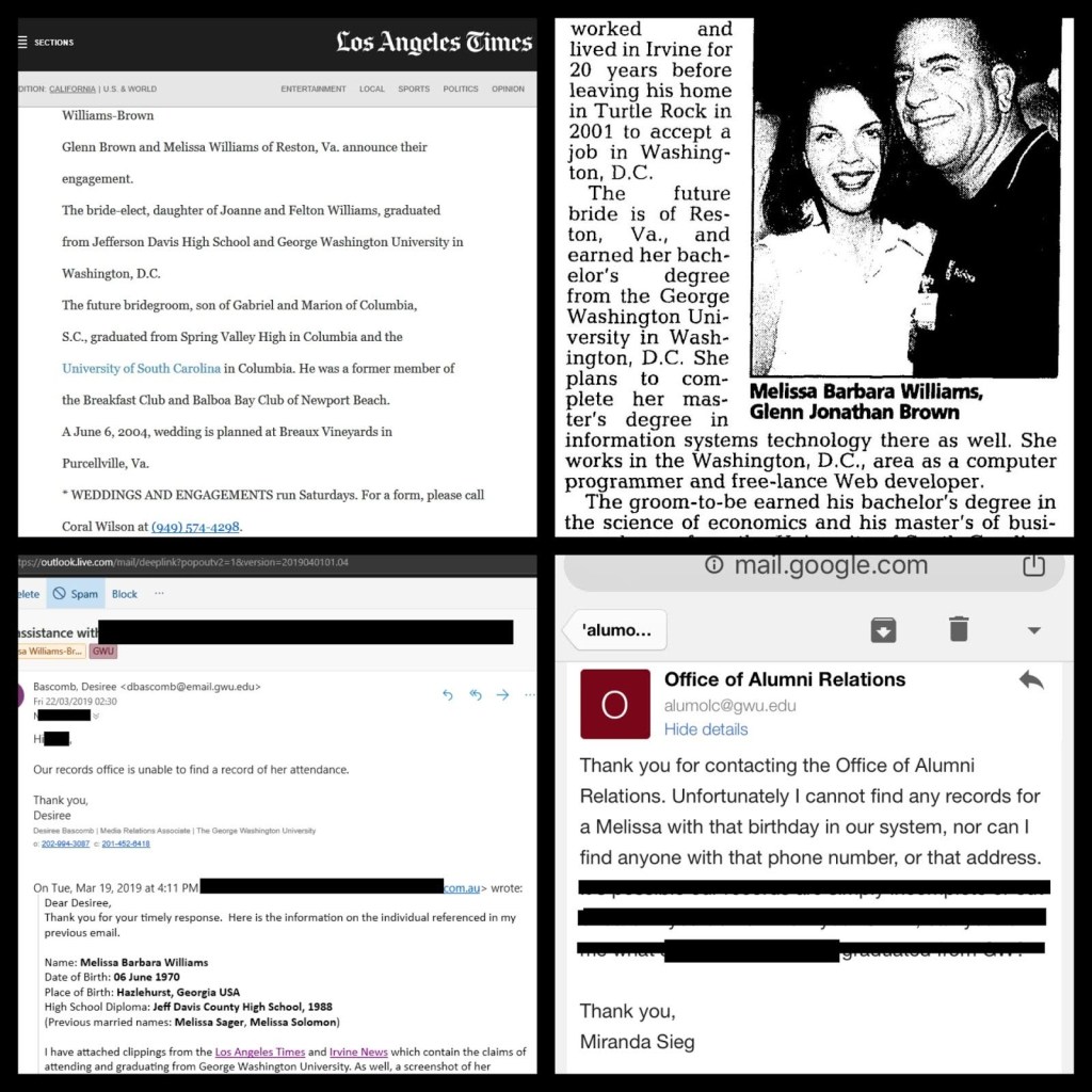 George Washington University has no record of Melissa Williams-Brown