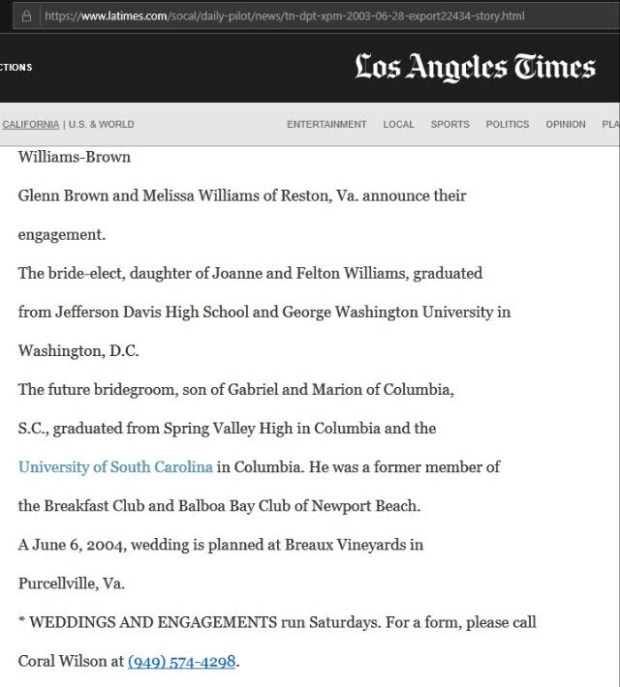 Melissa Williams-Brown placed fake newspaper articles in the Los Angeles Times and Irvine World News touting degrees and postgraduate work at the prestigious George Washington University.