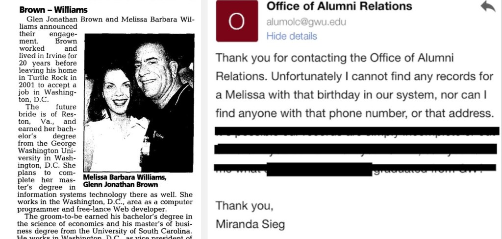 George Washington University has no record of Melissa Williams-Brown